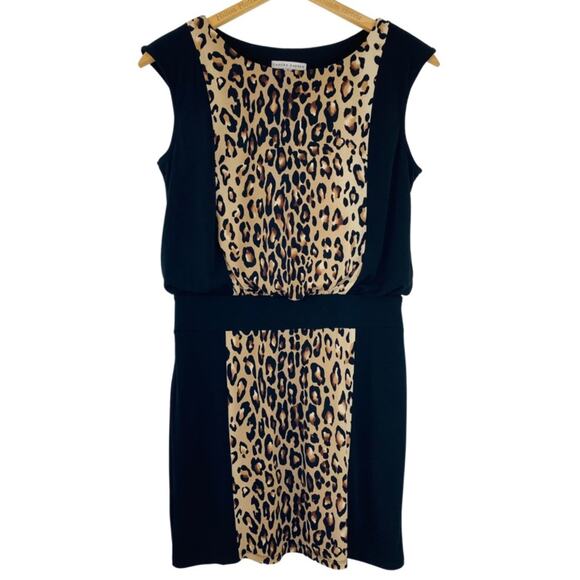 Sandra Darren Black and Leopard Blouson Sleeveless Mini Dress Size 8 - Picture 1 of 8